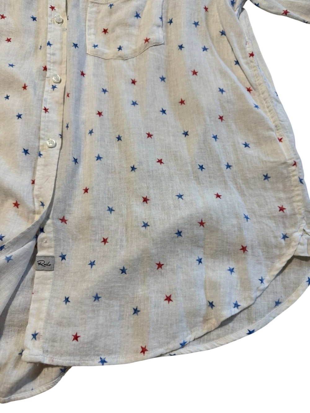 Rails Star Print Button Down Shirt White Red Blue Linen Blend Medium - Picture 9 of 11